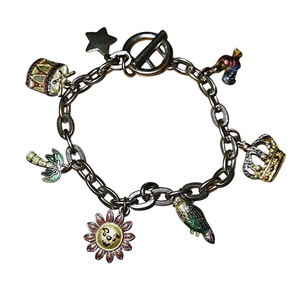 Multicolor Silver Charm Bracelet, Chain With 7 Unique Charms, Vintage